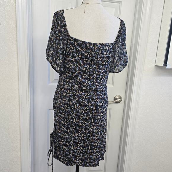 Free People Floral Ruched Puff Sleeve Mini Dress Black Blue Boho Romantic M - Picture 5 of 10